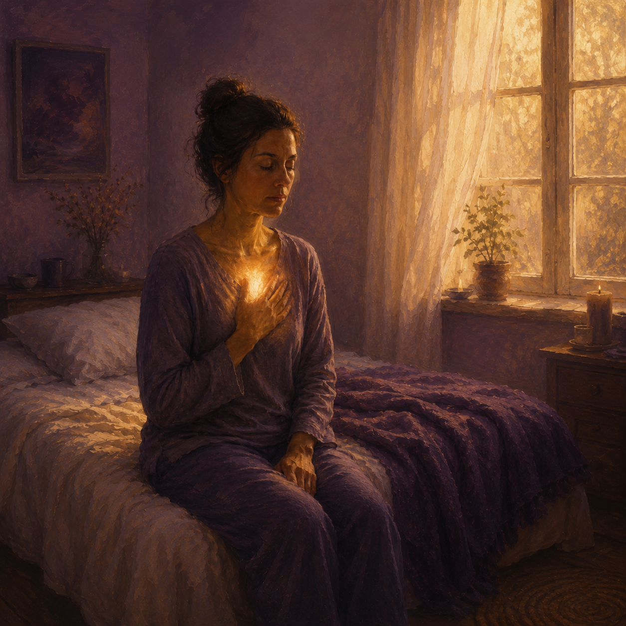 A tired woman sitting quietly on her bed at sunrise, hand resting over her chest, finding a quiet moment of grounded confidence